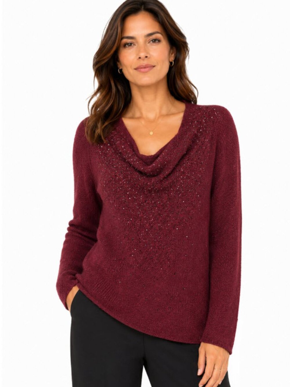 Eileen Fisher Merino Wool Beaded Cowl Neck Sweater Burgundy small